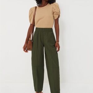 Ganni GREEN COTTON CREPE ELASTICATED CURVE PANTS